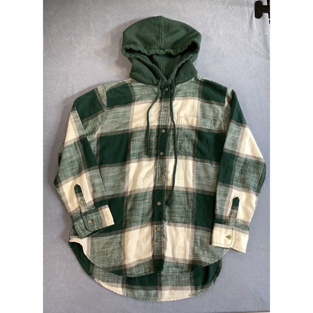 American Eagle Hooded Flannel Shirt Mens Small Green Plaid Button Up Hoodie